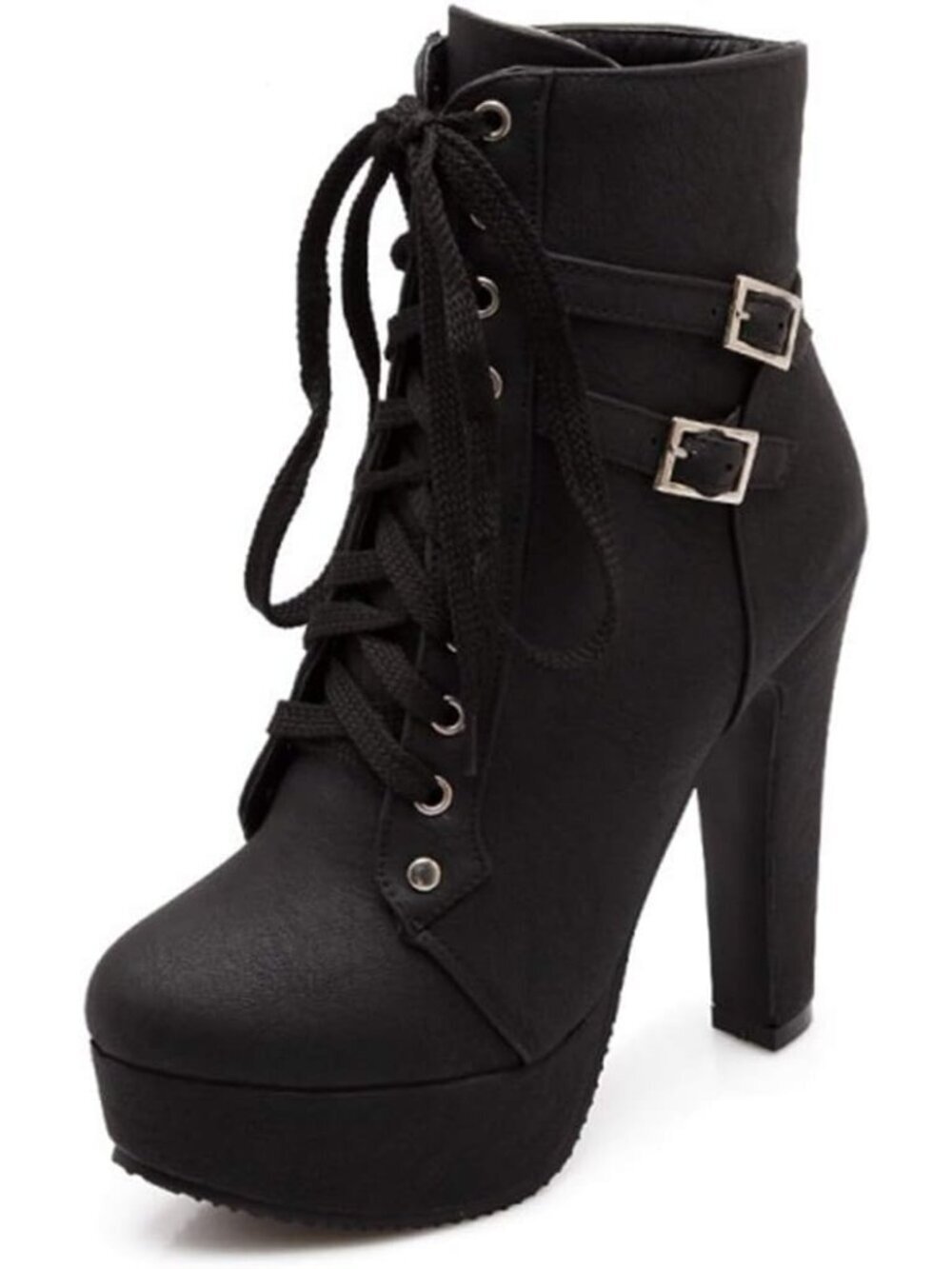 Women's Platform High Heel Sexy Round Toe Lace Up Mid Calf Black Combat Shoes